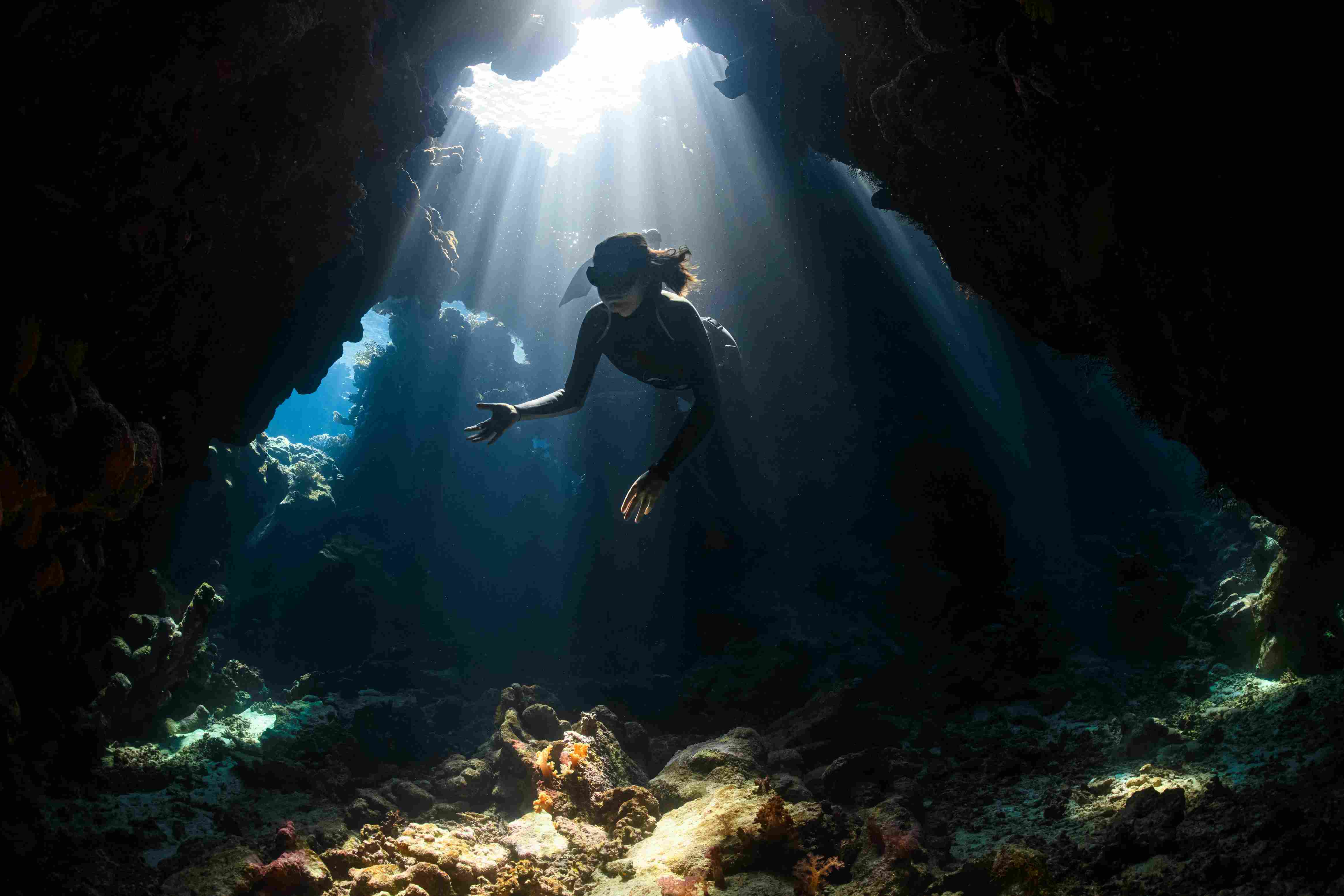 Diver gliding over coral reef